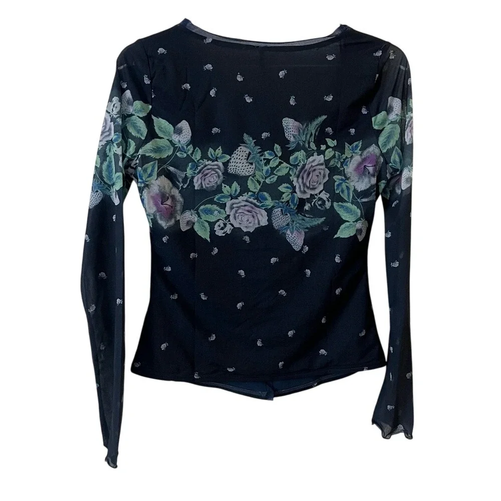 Free People Home Grown Mesh‎ Cardi Navy Blue Combo Floral Button down Small NWOT